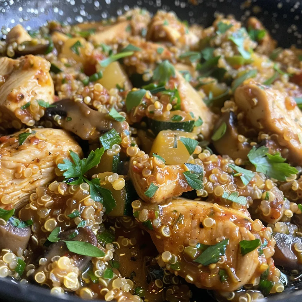 Delicious plated quinoa chicken with vibrant veggies and spices.