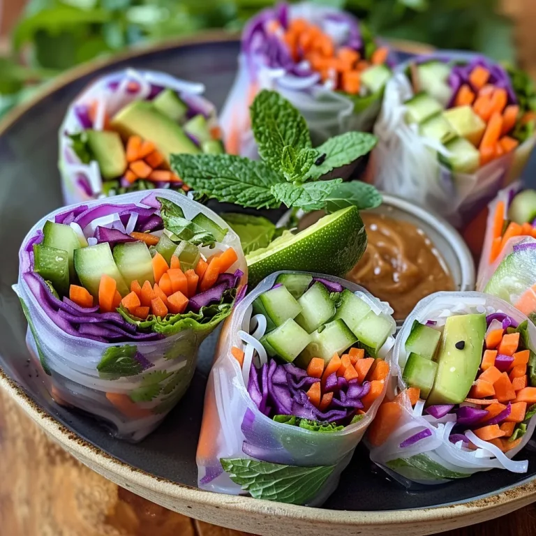 Close-up view of colorful rice paper rolls filled with vegetables and avocado, served with peanut sauce.