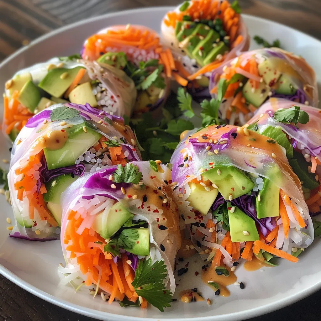 Side view of rainbow veggie rice paper rolls showcasing vibrant layers of carrots, cucumber, and cabbage.