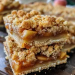 Close-up of layered Salted Caramel Apple Crumble Bars with a golden crust.