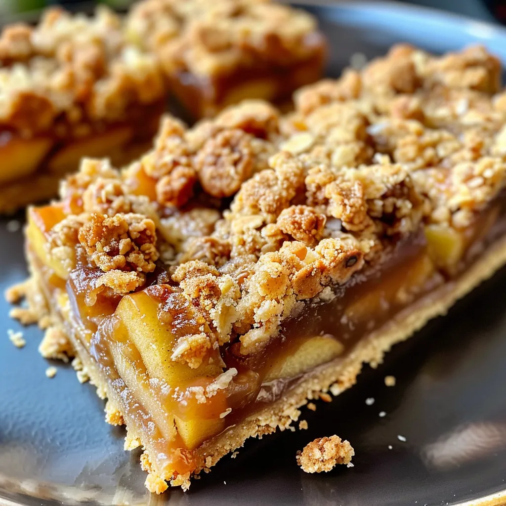 Side view of freshly baked Salted Caramel Apple Crumble Bars topped with caramel drizzle.