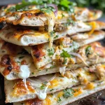A side view of savory chicken and cheese flatbreads topped with colorful ingredients and spicy sauce.