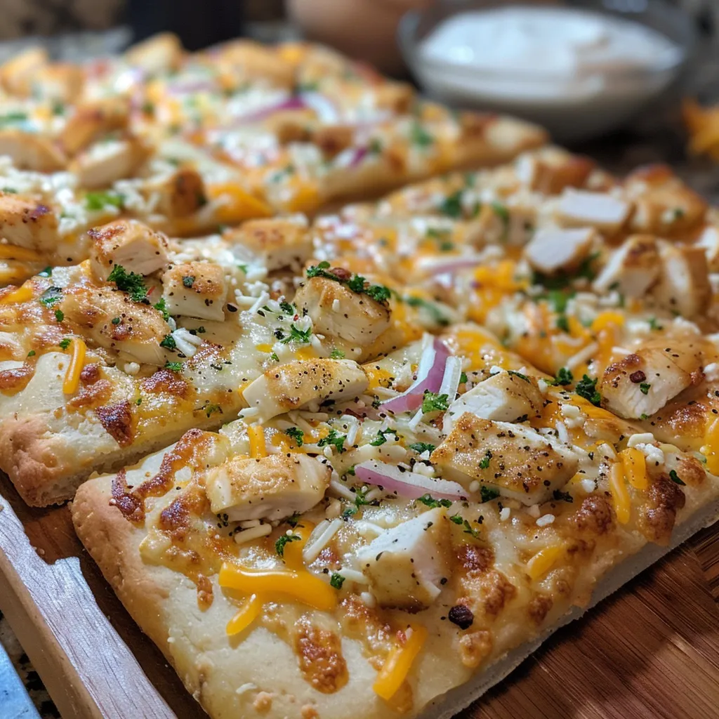 Close-up of delicious flatbreads filled with chicken and cheese, garnished with crushed chips and drizzled with sauce.