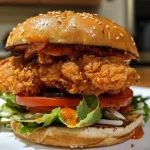 Close-up side view of a Spicy Deluxe McCrispy Chicken Sandwich showcasing its layers.
