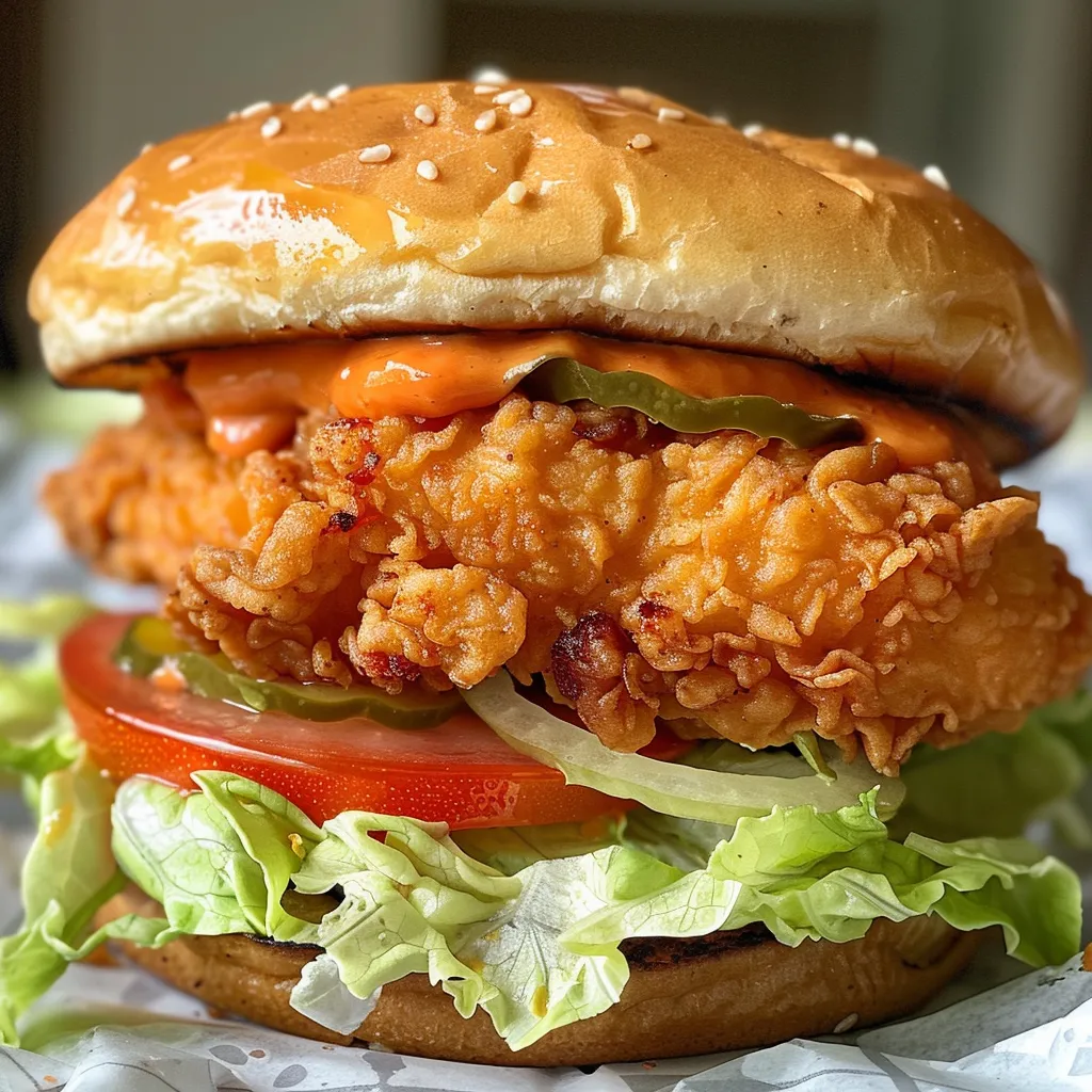 Detailed image of a juicy Spicy Deluxe McCrispy Chicken Sandwich with vibrant ingredients.
