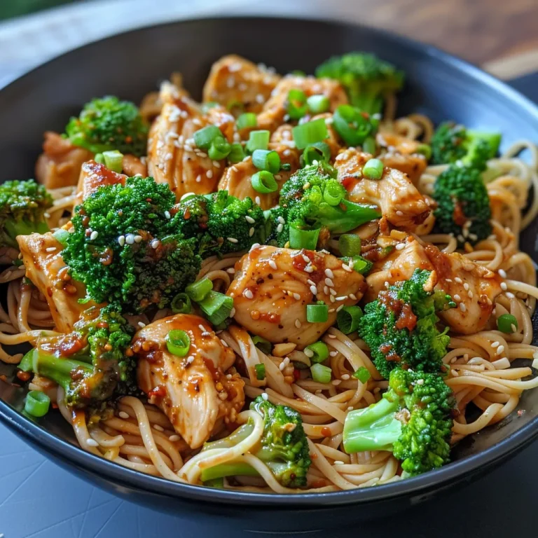 Close-up shot of a hearty noodle bowl with spicy garlic chicken, broccoli florets, and a drizzle of sauce.