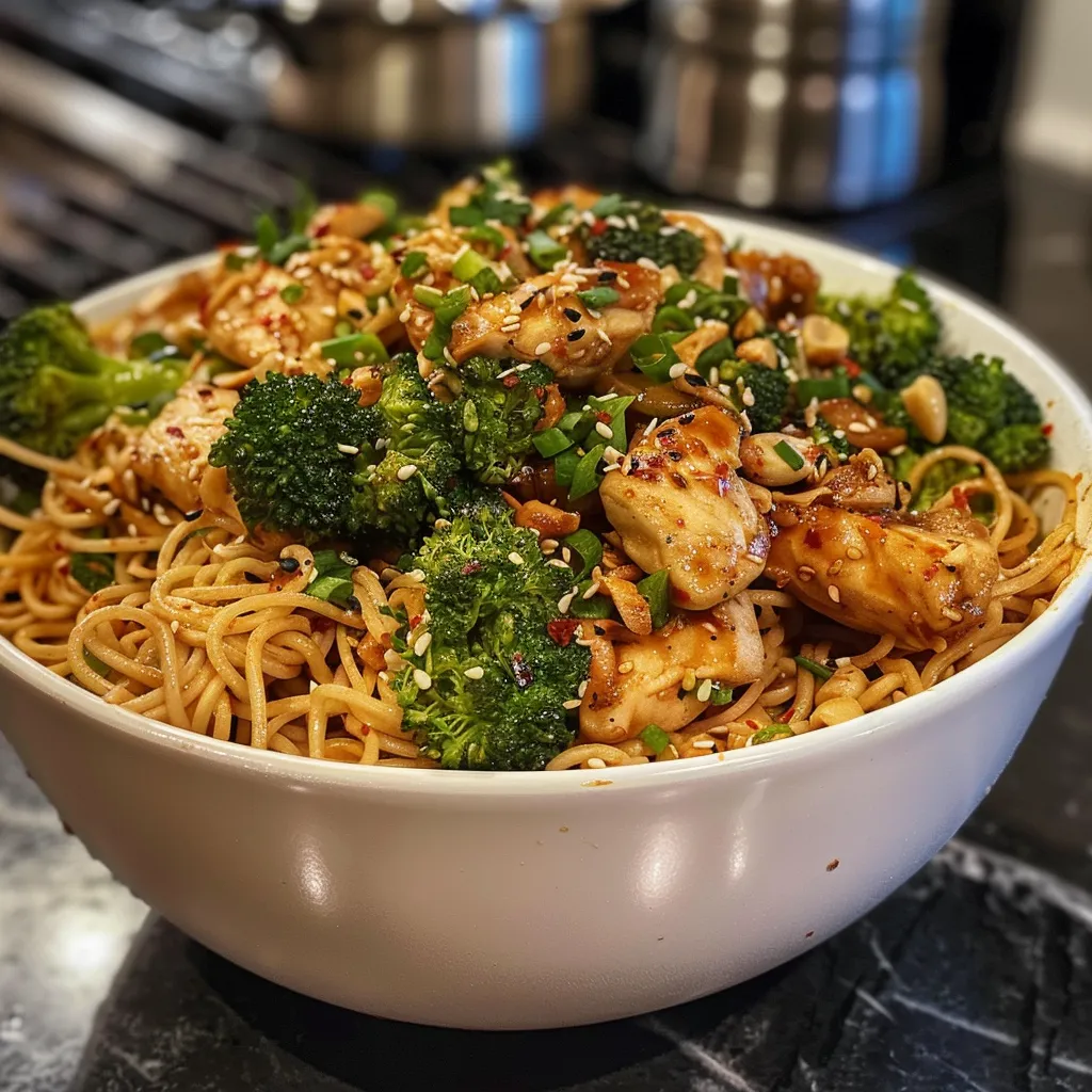 Detailed image of a dish containing noodles, chicken, and broccoli, highlighting the textures and colors of the ingredients.