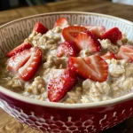 Close-up view of a bowl of Strawberries and Cream Oatmeal topped with fresh strawberries.