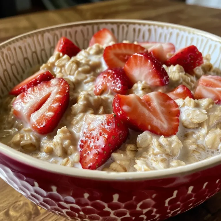 A Delightful Morning Boost Strawberries and Cream Oatmeal for One Close-up view of a bowl of Strawberries and Cream Oatmeal topped with fresh strawberries.