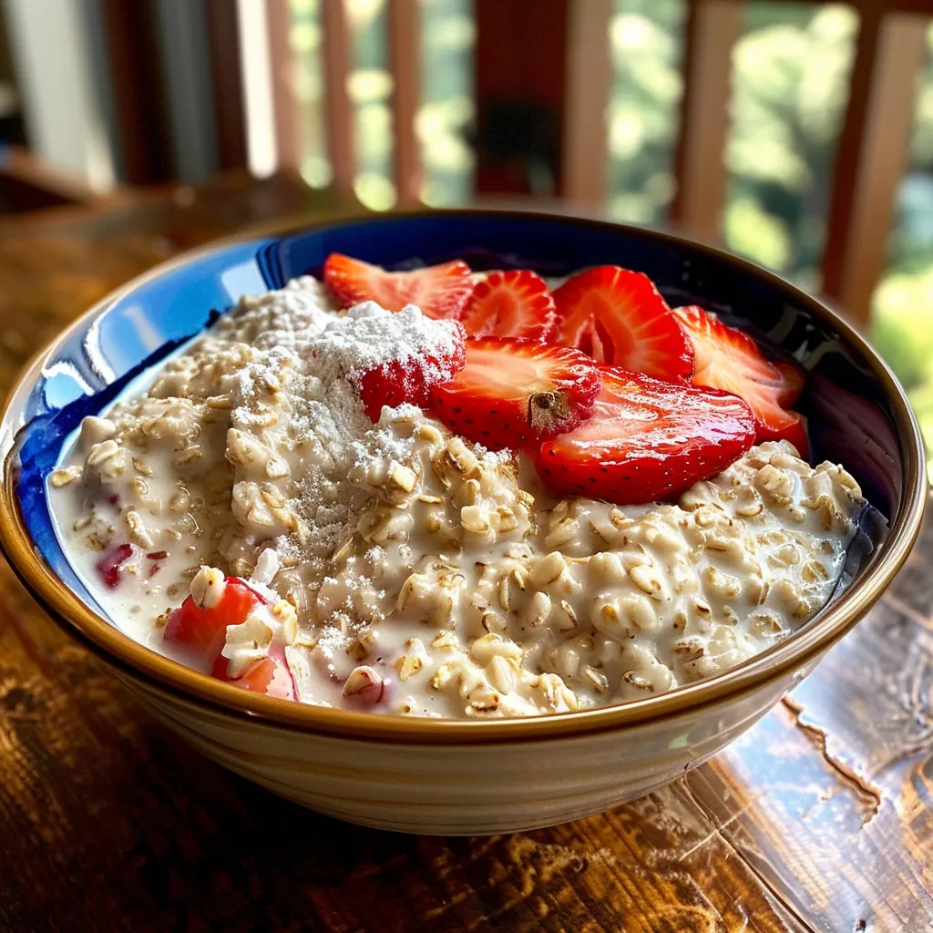 Side view of a colorful serving of Strawberries and Cream Oatmeal garnished with mashed strawberries.