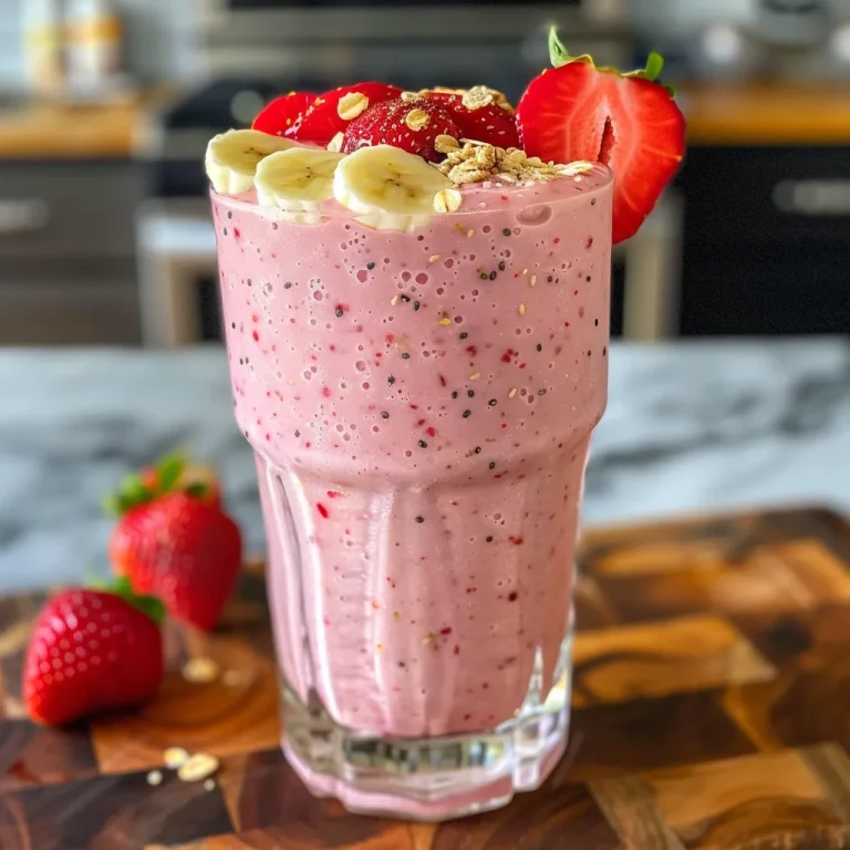 Close-up view of a strawberry banana smoothie in a glass, garnished with a strawberry.