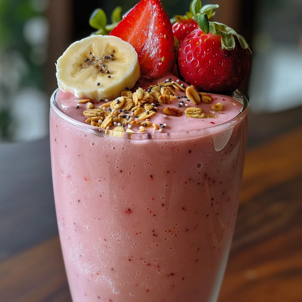Side view of a refreshing strawberry banana smoothie, showcasing vibrant red and yellow hues.
