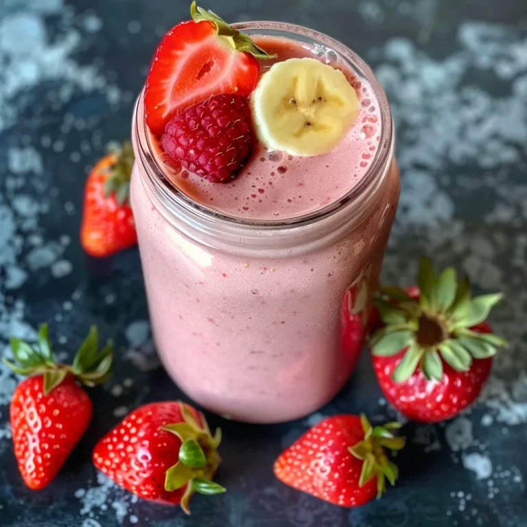 Juicy strawberry banana smoothie showcasing a thick, creamy texture.