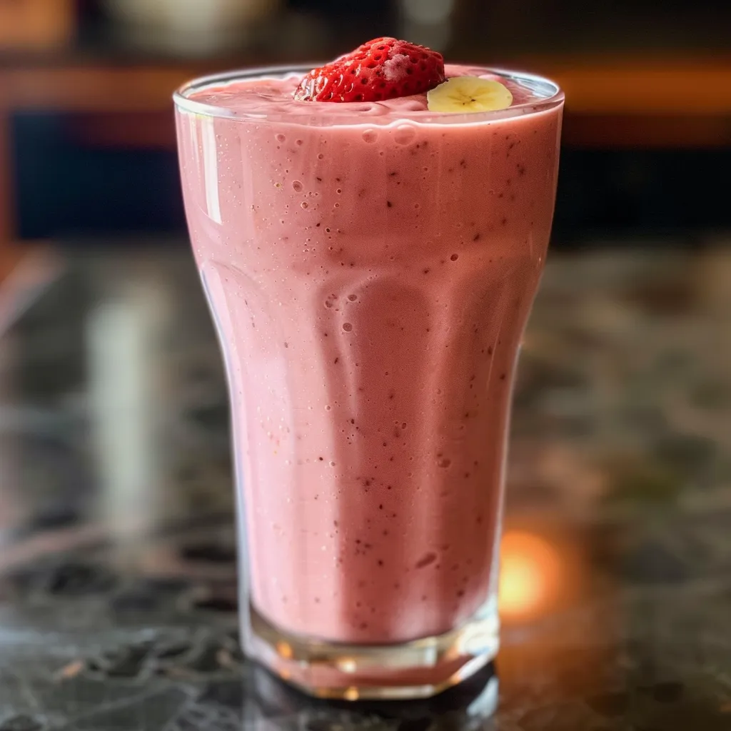 Delicious strawberry banana smoothie garnished with a slice of banana.