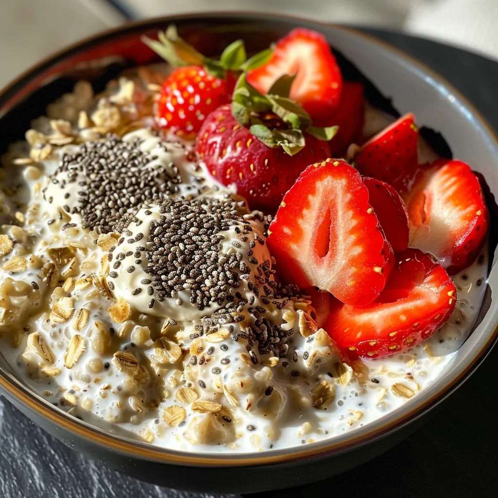 Appetizing close-up of strawberry vanilla oats with chia seeds, Greek yogurt, and fresh strawberries.