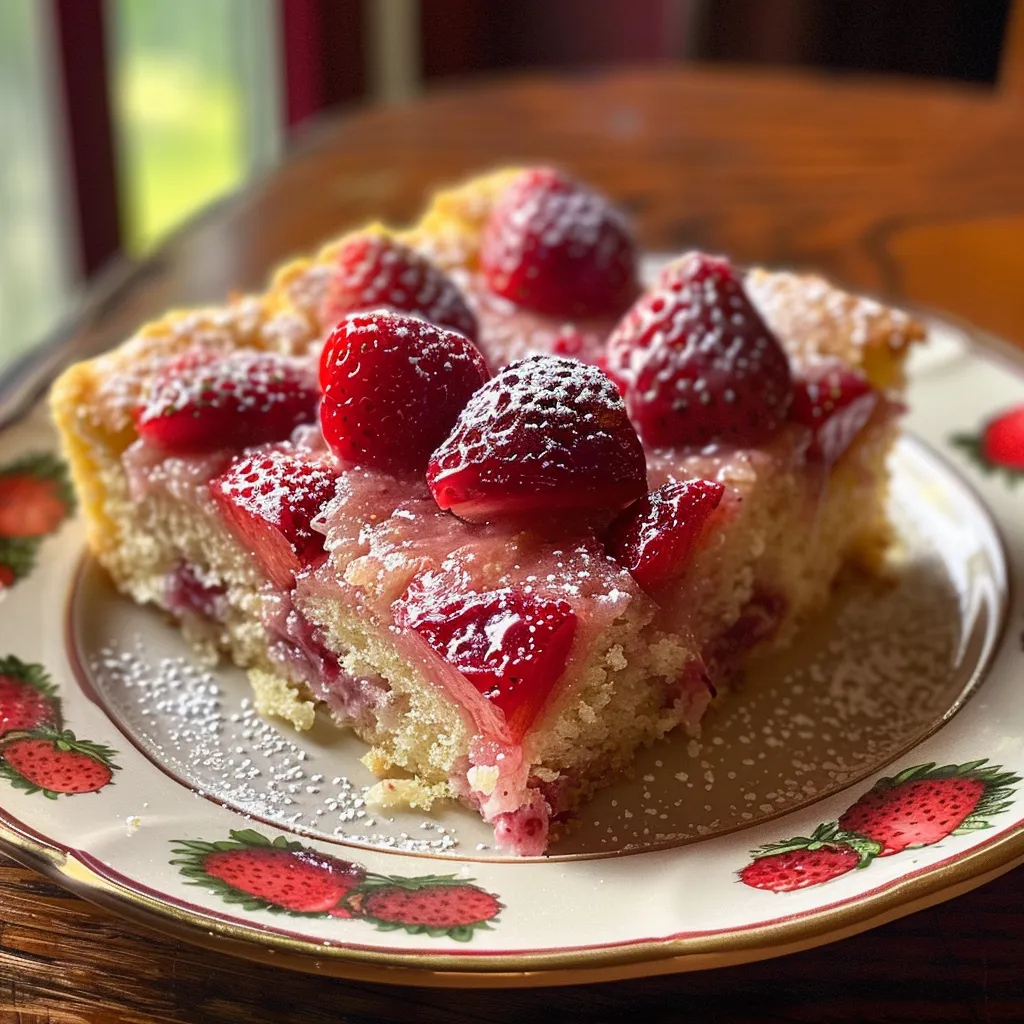 Angle view of a strawberry yogurt cake featuring a smooth texture and fruity topping.