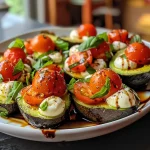 Close-up view of a halved avocado filled with cherry tomatoes and mozzarella.