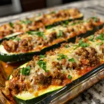 Side view of juicy stuffed zucchini boats filled with ground beef, cheese, and marinara sauce.