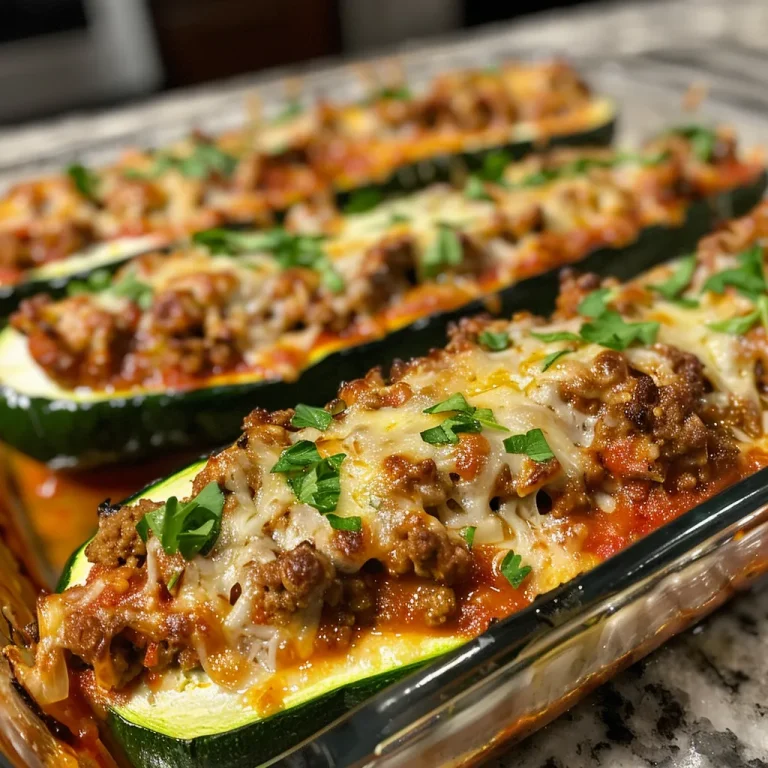 Side view of juicy stuffed zucchini boats filled with ground beef, cheese, and marinara sauce.