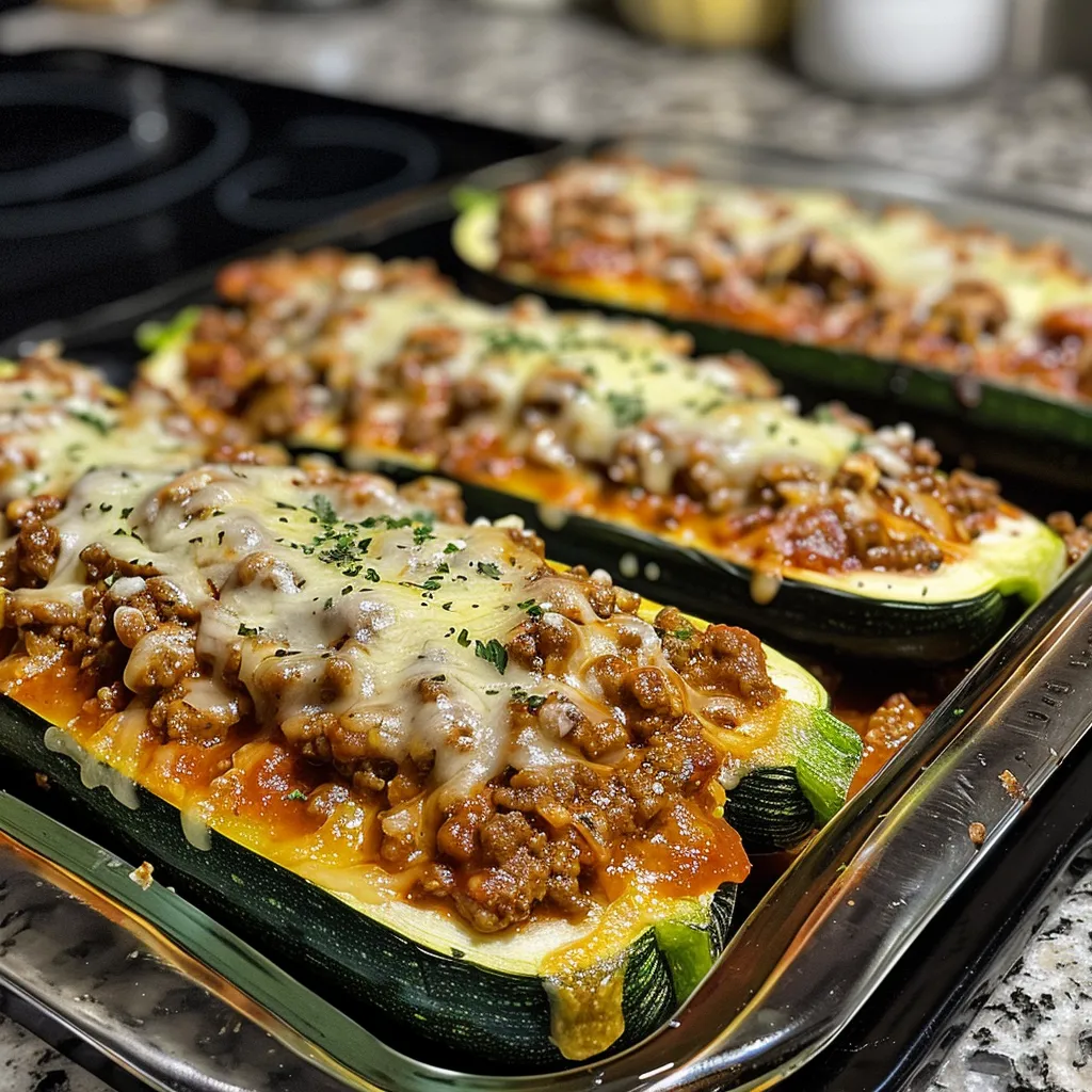 Close-up of baked zucchini boats topped with melted mozzarella and Parmesan cheese.