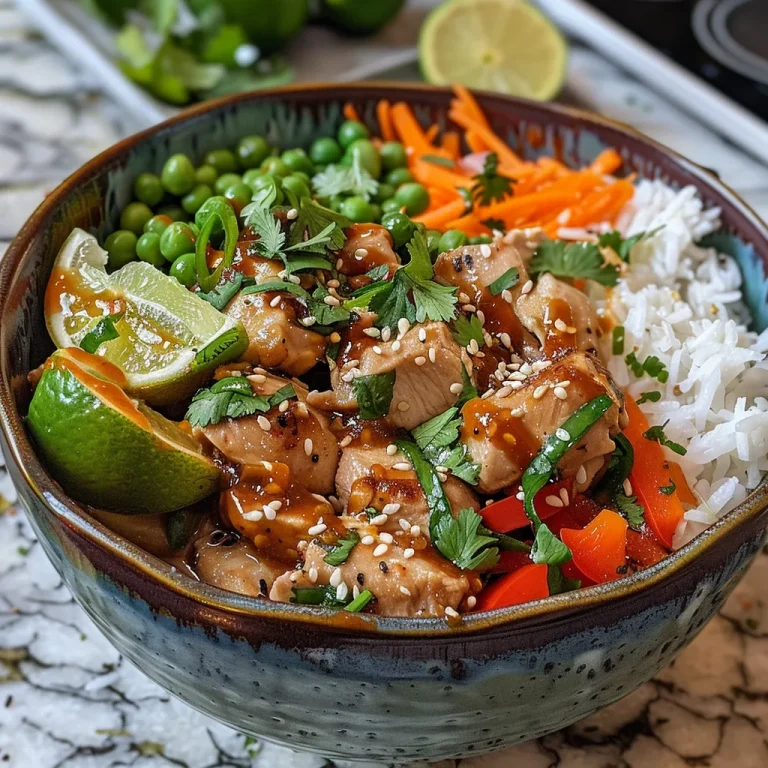Flavorful bowl of Sweet Chili Chicken served over jasmine rice, garnished with cilantro.