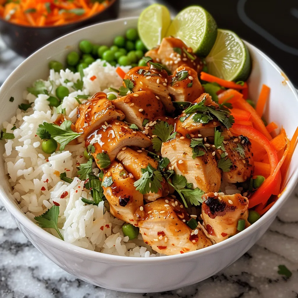 Detailed shot of Sweet Chili Chicken with a creamy coconut lime sauce and fresh ingredients.