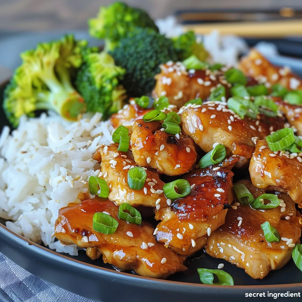 Delicious Teriyaki Chicken with a glossy sauce, presented on a plate with sesame seeds and sliced green onions.