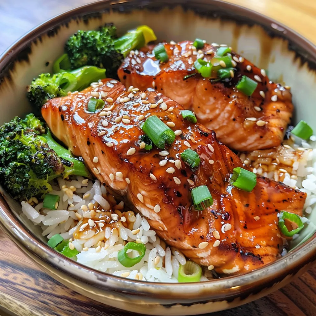 Juicy Teriyaki salmon served with vibrant broccoli and a bowl of rice.