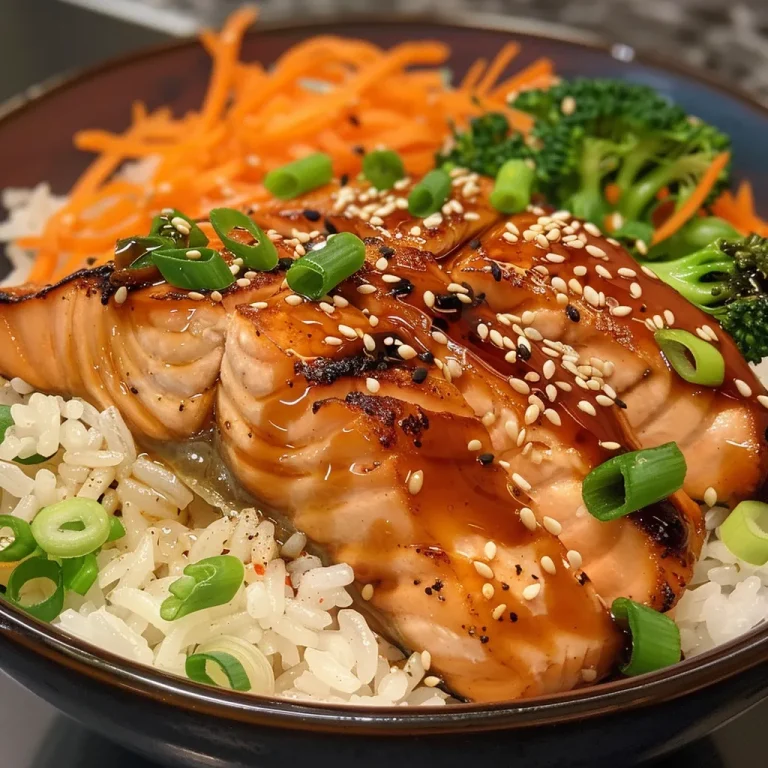 Quick and Delicious Teriyaki Salmon Rice Bowls for Busy Weeknights Close-up view of a delicious Teriyaki Salmon Rice Bowl featuring salmon, rice, and vegetables.