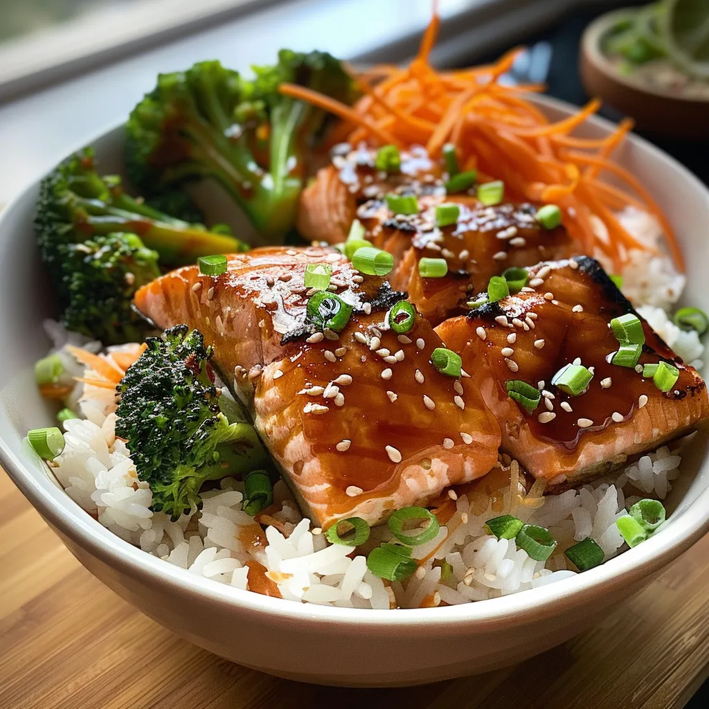 Juicy Teriyaki Salmon served over jasmine rice with broccoli and carrots in a bowl.