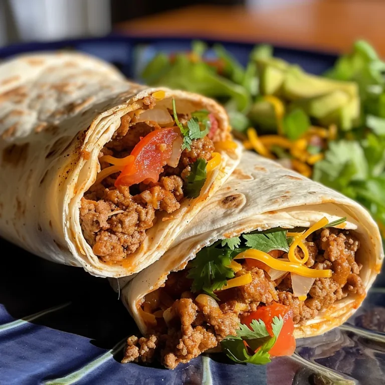 Thick tortilla wrap showcasing ground beef, diced tomatoes, and shredded cheese.