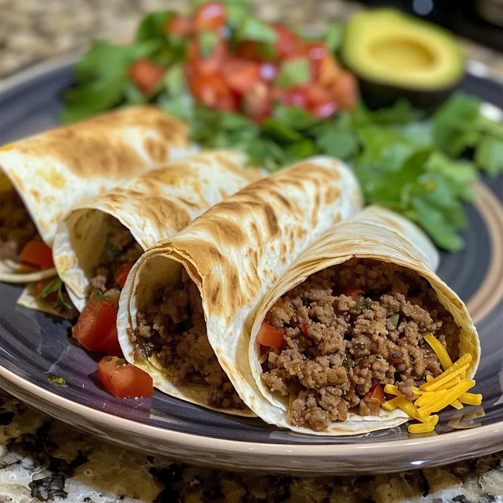 Delicious tortilla wrap filled with ground beef and fresh ingredients, ready to eat.