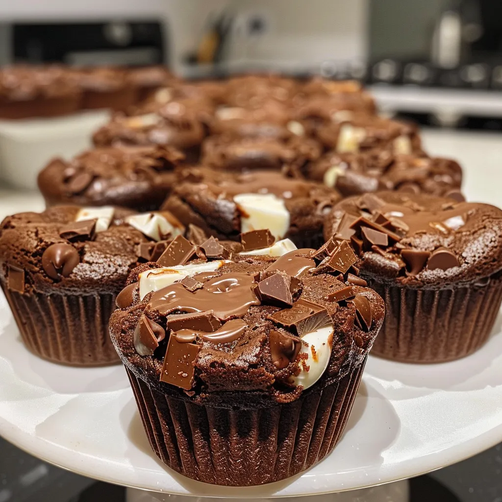 A side view of a decadent brownie cup filled with chocolate chips, showing its rich texture.