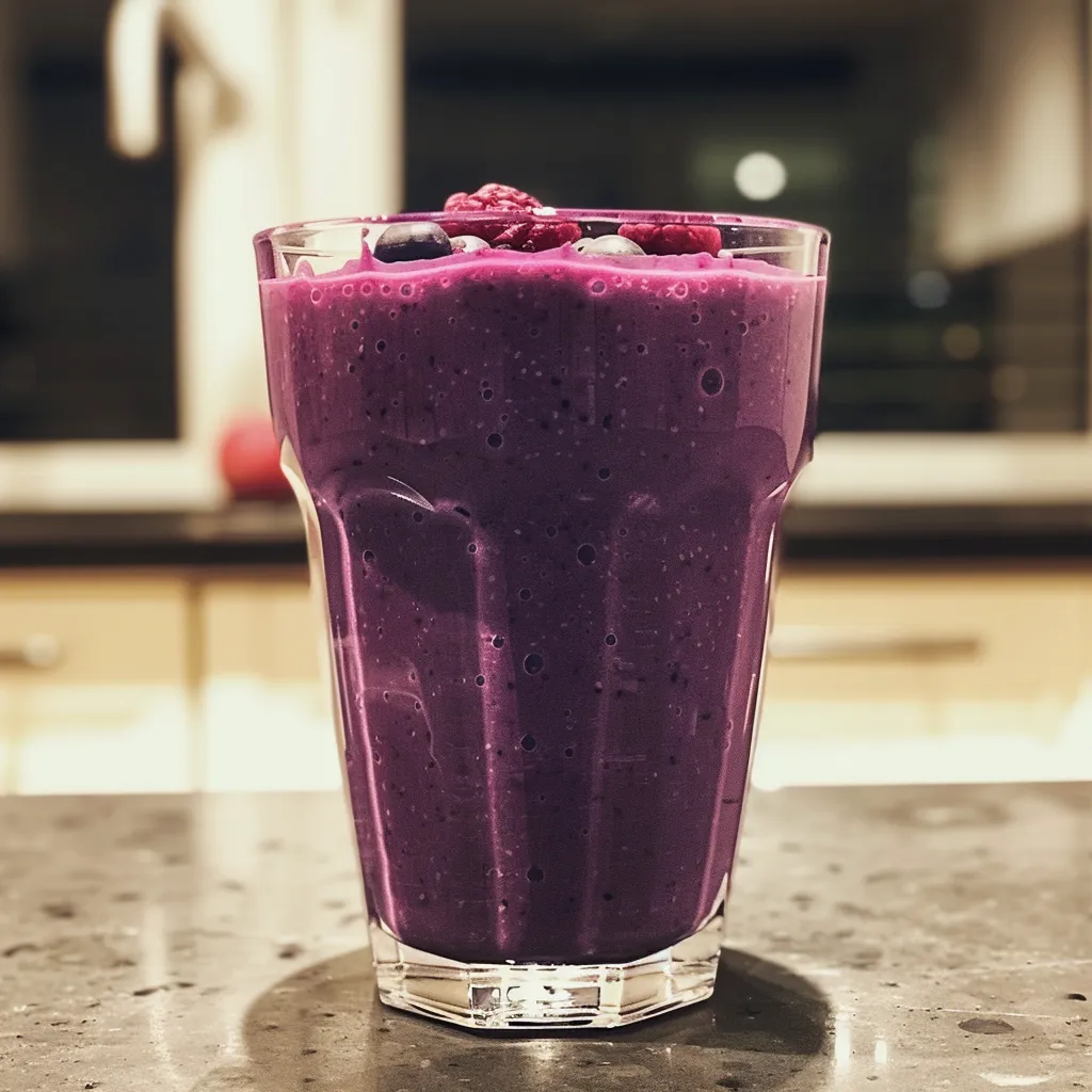 Side view of a smoothie featuring vibrant red berries and creamy texture.