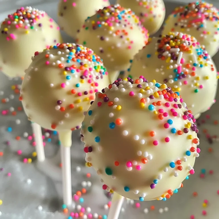 Close-up of vanilla cake pops decorated with colorful sprinkles.