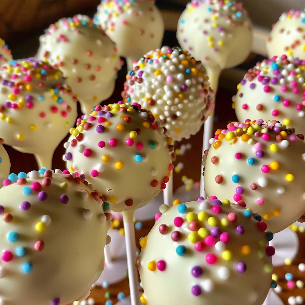 Side view of delicious vanilla cake pops on a white plate.