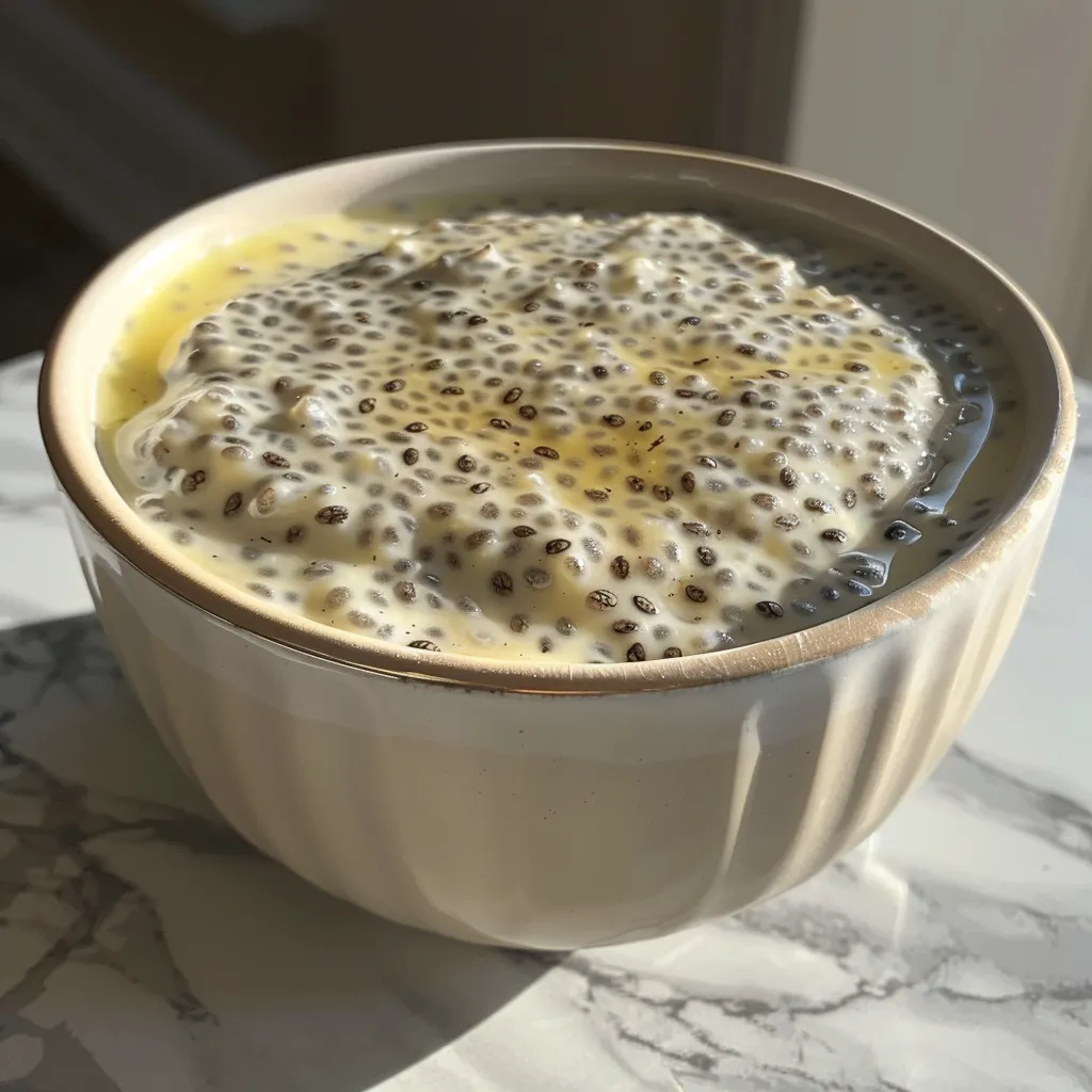 Side view of a bowl of vanilla chia pudding garnished with coconut flakes and cinnamon.