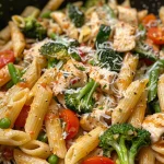Juicy chicken mixed with colorful bell peppers, zucchini, and pasta in a serving bowl.