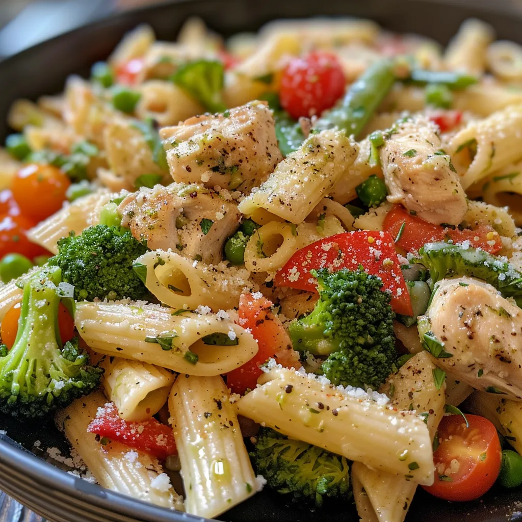 A rich and appetizing dish of chicken pasta primavera adorned with fresh herbs and lemon zest.