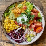 A colorful Veggie Burrito Bowl featuring various ingredients like rice, beans, and fresh vegetables.