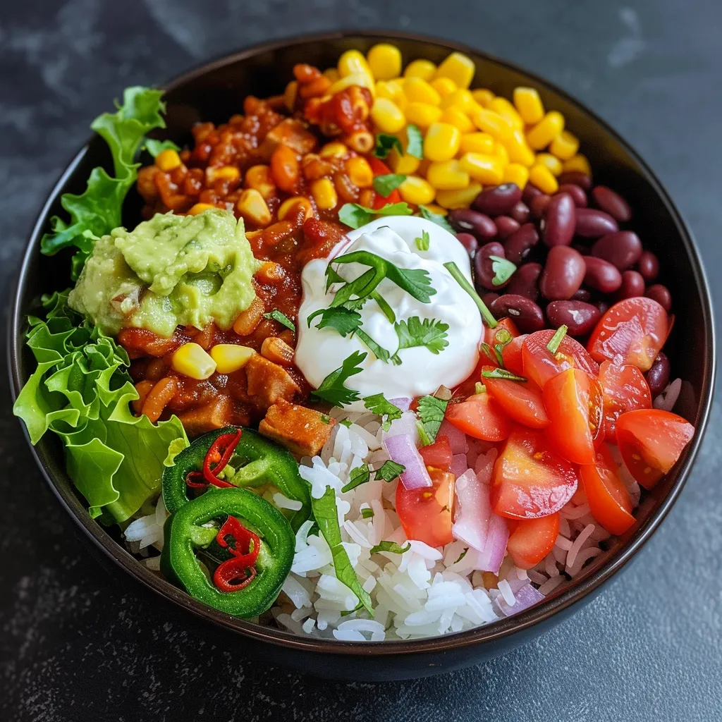 Close-up of a Veggie Burrito Bowl with vibrant layers of greens, rice, and guacamole.