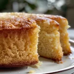 A detailed side view of a yogurt cake, highlighting its fluffy consistency and slight shine on the surface.