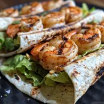 A close-up view of Zesty Grilled Shrimp Caesar Wraps, showcasing shrimp and fresh ingredients.