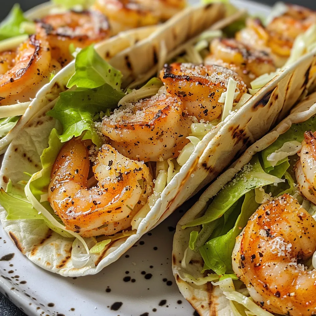 Juicy grilled shrimp wrapped in tortillas with romaine lettuce and Caesar dressing.
