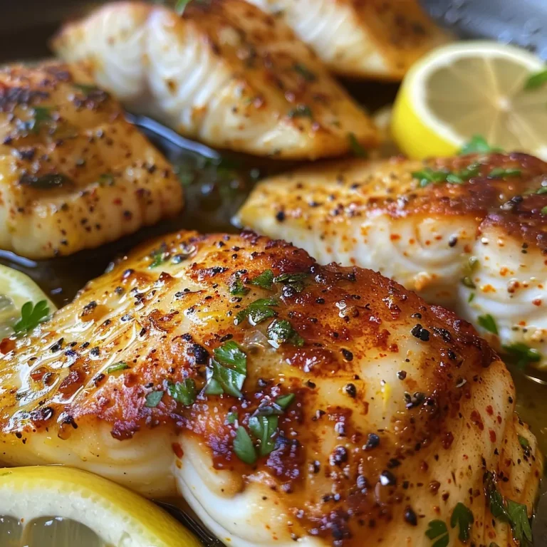 Juicy lemon butter fish fillet garnished with parsley on a white plate.