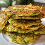 Close-up view of golden-brown zucchini fritters with visible green flecks.
