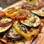 Close-up view of roasted vegetable flatbread topped with colorful vegetables and melted cheese.