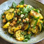Close-up view of a roasted zucchini salad drizzled with yogurt tahini sauce.