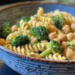 Close-up view of a vibrant Lemon Garlic Pasta dish garnished with peas and lemon zest.