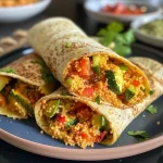 Close-up view of a juicy couscous and vegetable wrap with colorful ingredients.